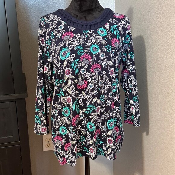 Kim Rogers Floral Print Cotton Top XL Navy 3/4 Sleeve Casual Boho Cottagecore - Picture 1 of 7